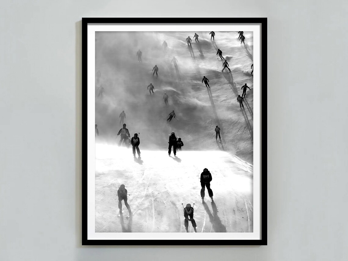 Skiers Crossing Foggy Slope Aerial View Black And White Winter Poster