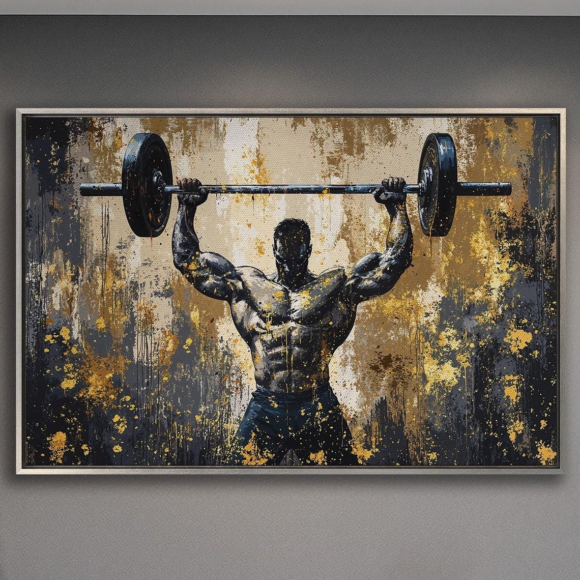 Bodybuilder Overhead Press in Gold and Charcoal Paint Style Poster