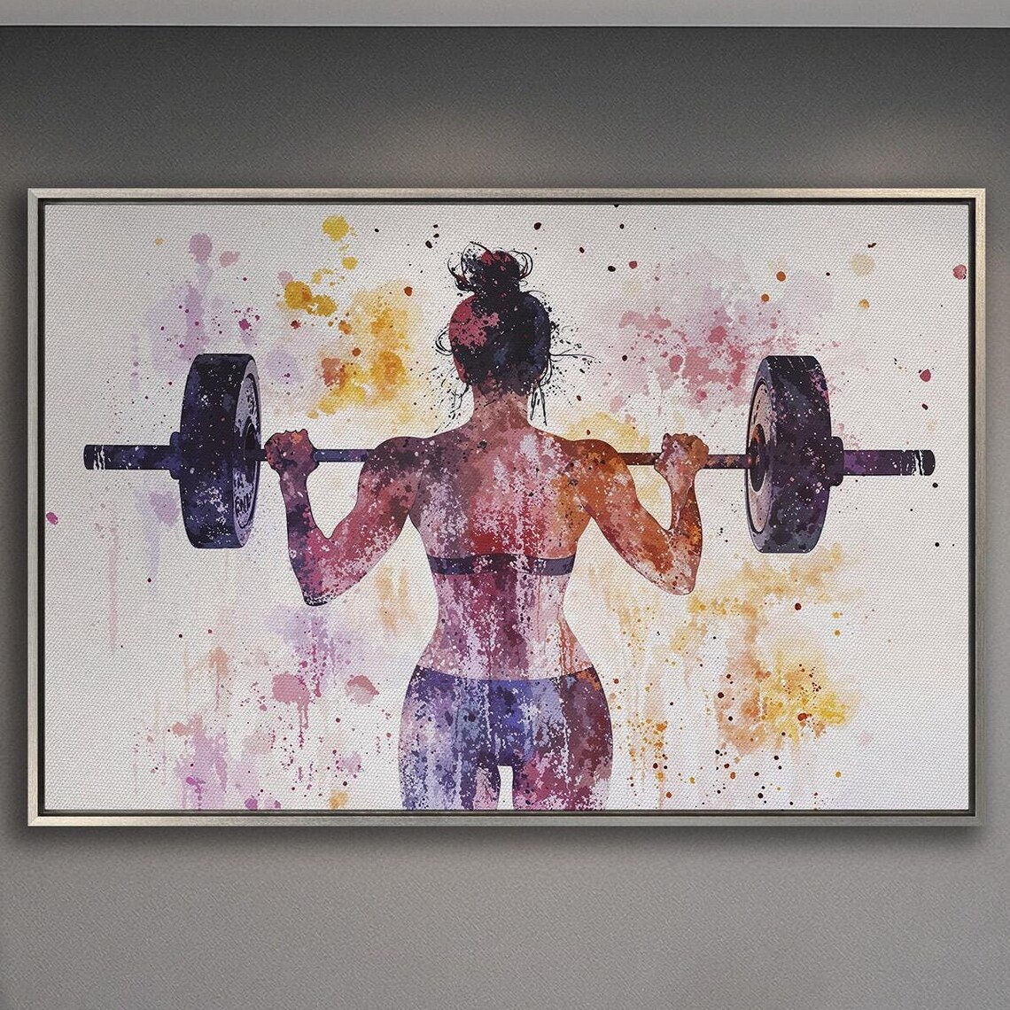 Woman Barbell Squat From Behind Watercolor Splash Style Poster