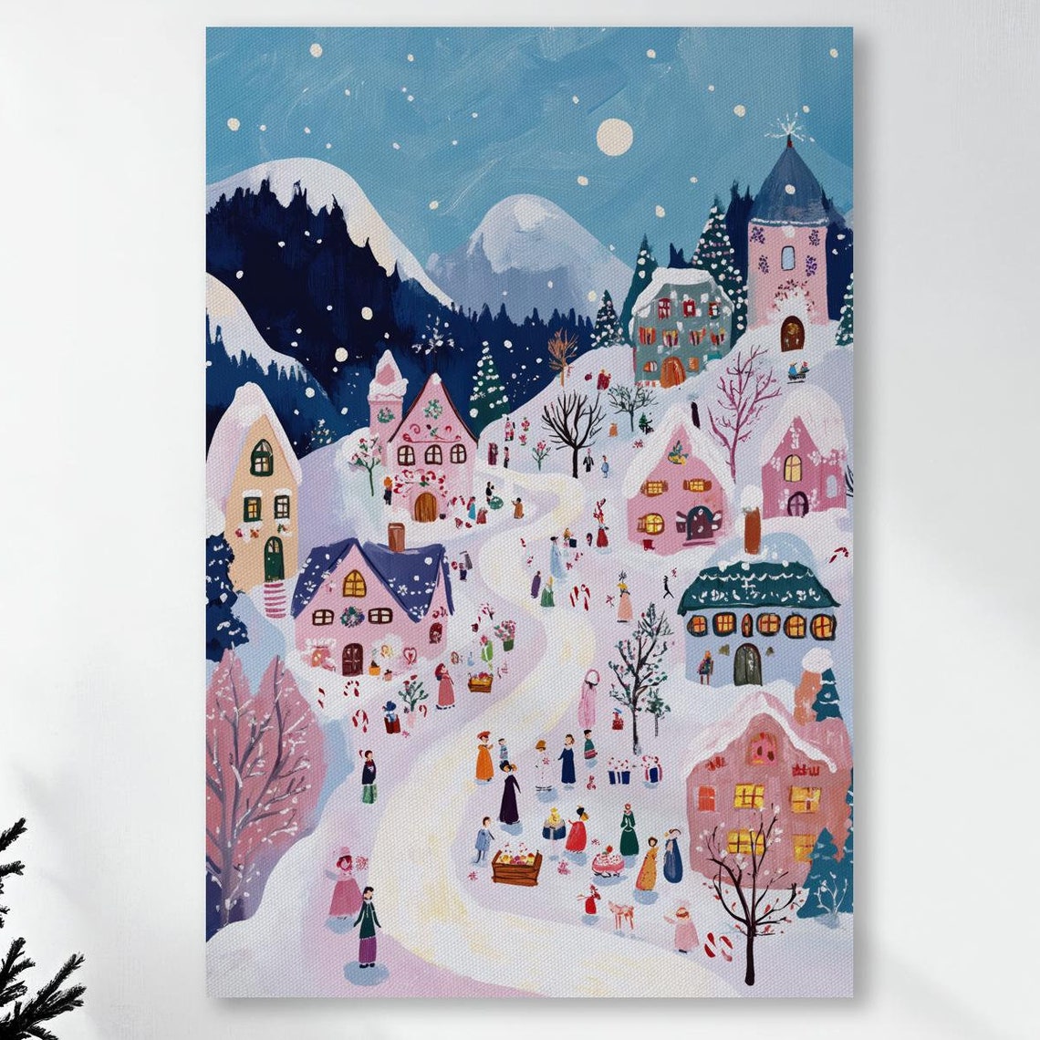Whimsical Pink Snow Covered Village Under A Winter Moon Poster