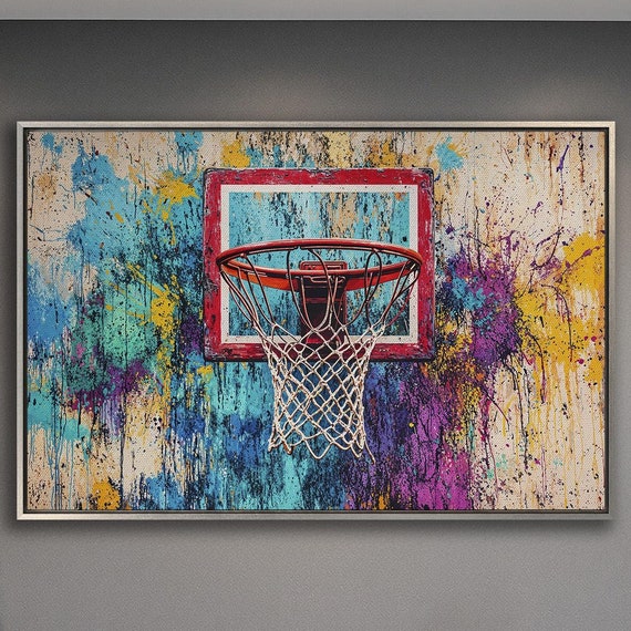 Colorful Basketball Hoop Framed Wall Art Sports Painting Print Man Cave Wall Decor Vibrant Colors Sporty Poster Ready To Hang Gift