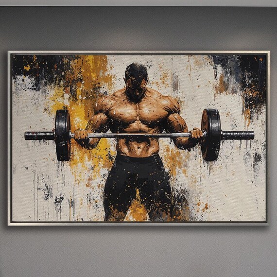 Muscular Man Curling Barbell In Black And Gold Splash Art Poster