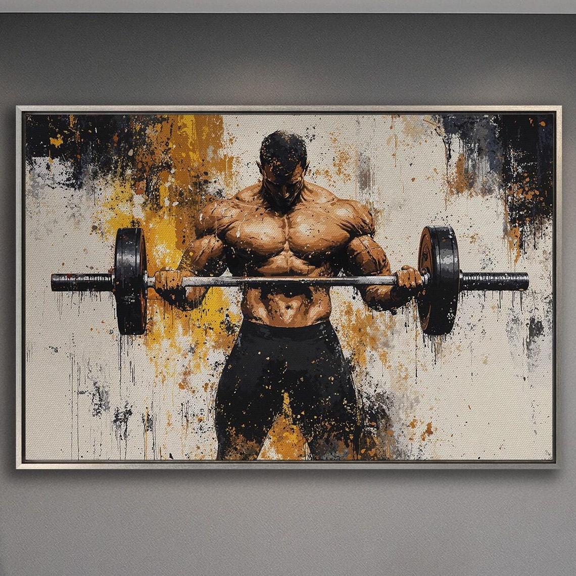 Muscular Man Curling Barbell In Black And Gold Splash Art Poster