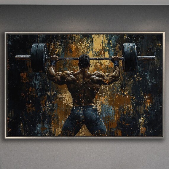 Weightlifter Back View Barbell Press in Teal Gold Brushwork Poster