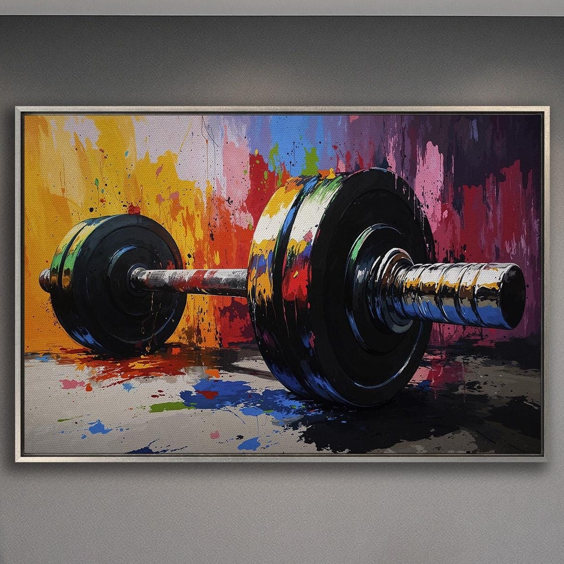 Barbell Close Up Against Multicolor Paint Splash Gym Art Poster