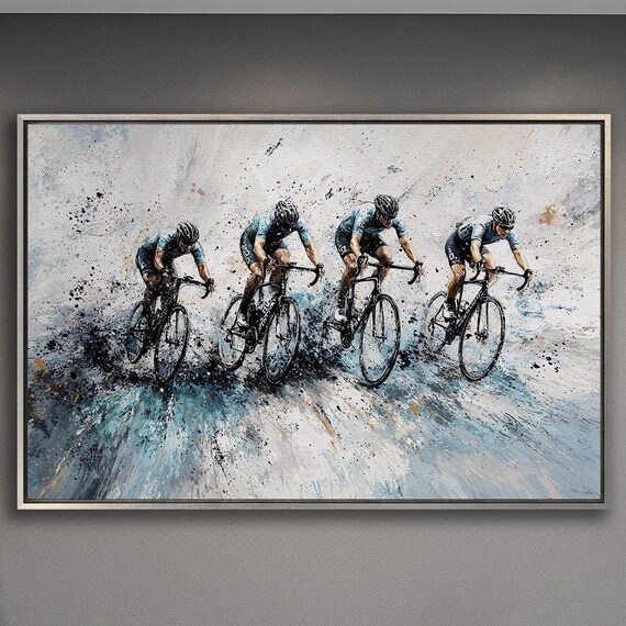 Peloton of Four Cyclists in Teal Abstract Splash Style Poster