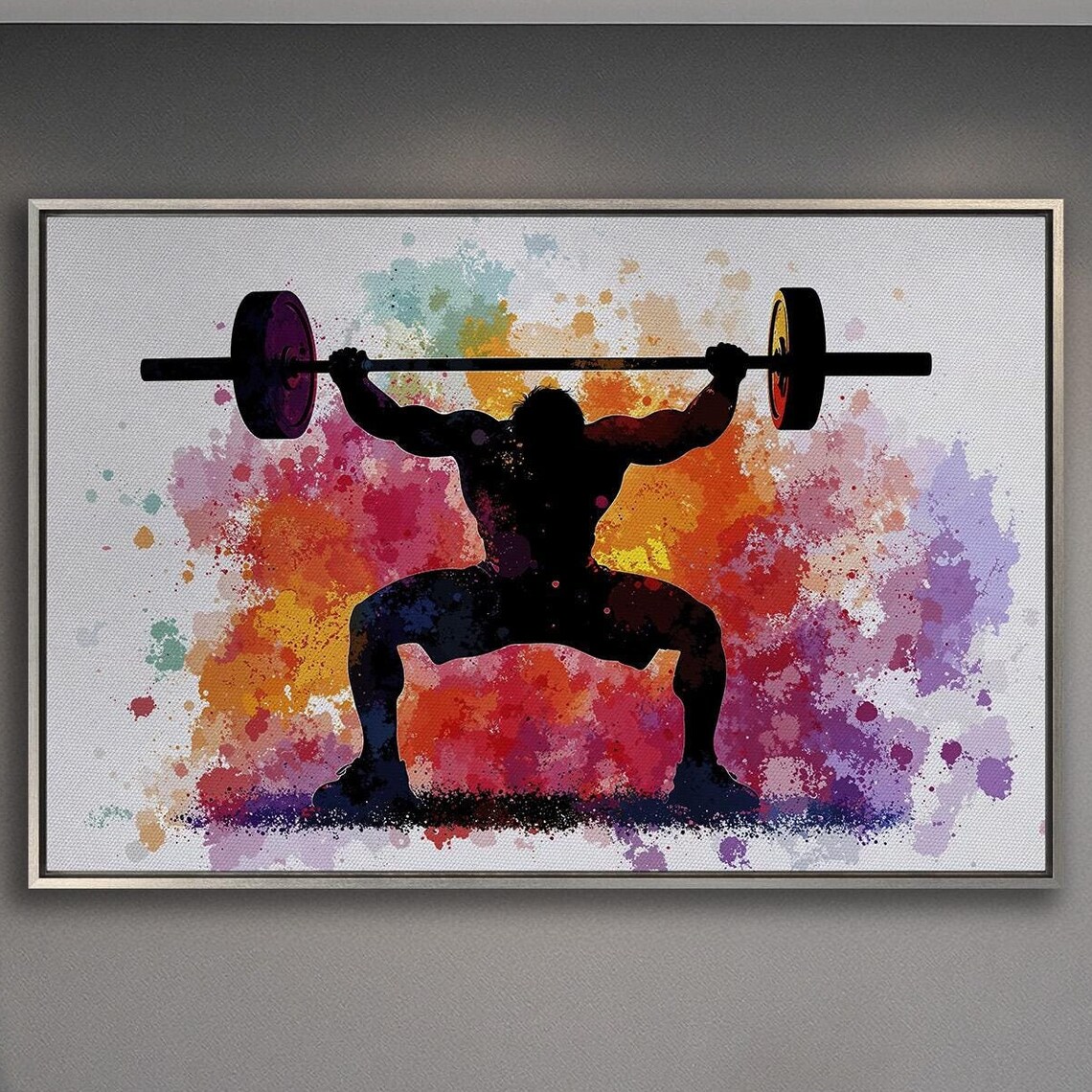 Weightlifter Silhouette Holding Barbell Overhead Splash Art Poster