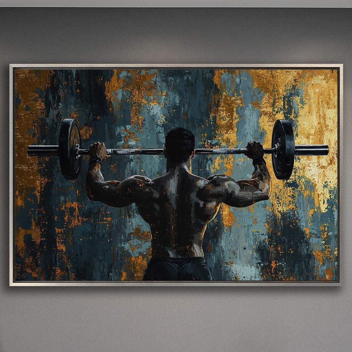 Bodybuilder Back View Lifting Barbell Dark And Gold Texture Poster