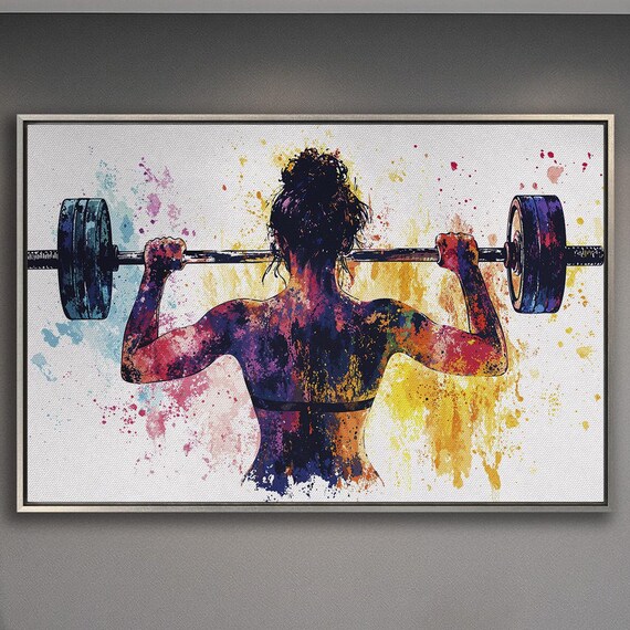 Woman Lifting Barbell Overhead Colorful Watercolor Fitness Art Poster
