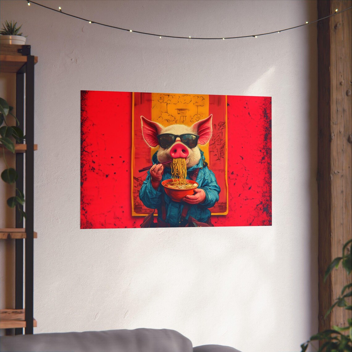 Cool Pig Eating Noodles Red Banner Retro Street Food Wall Print - Image 2