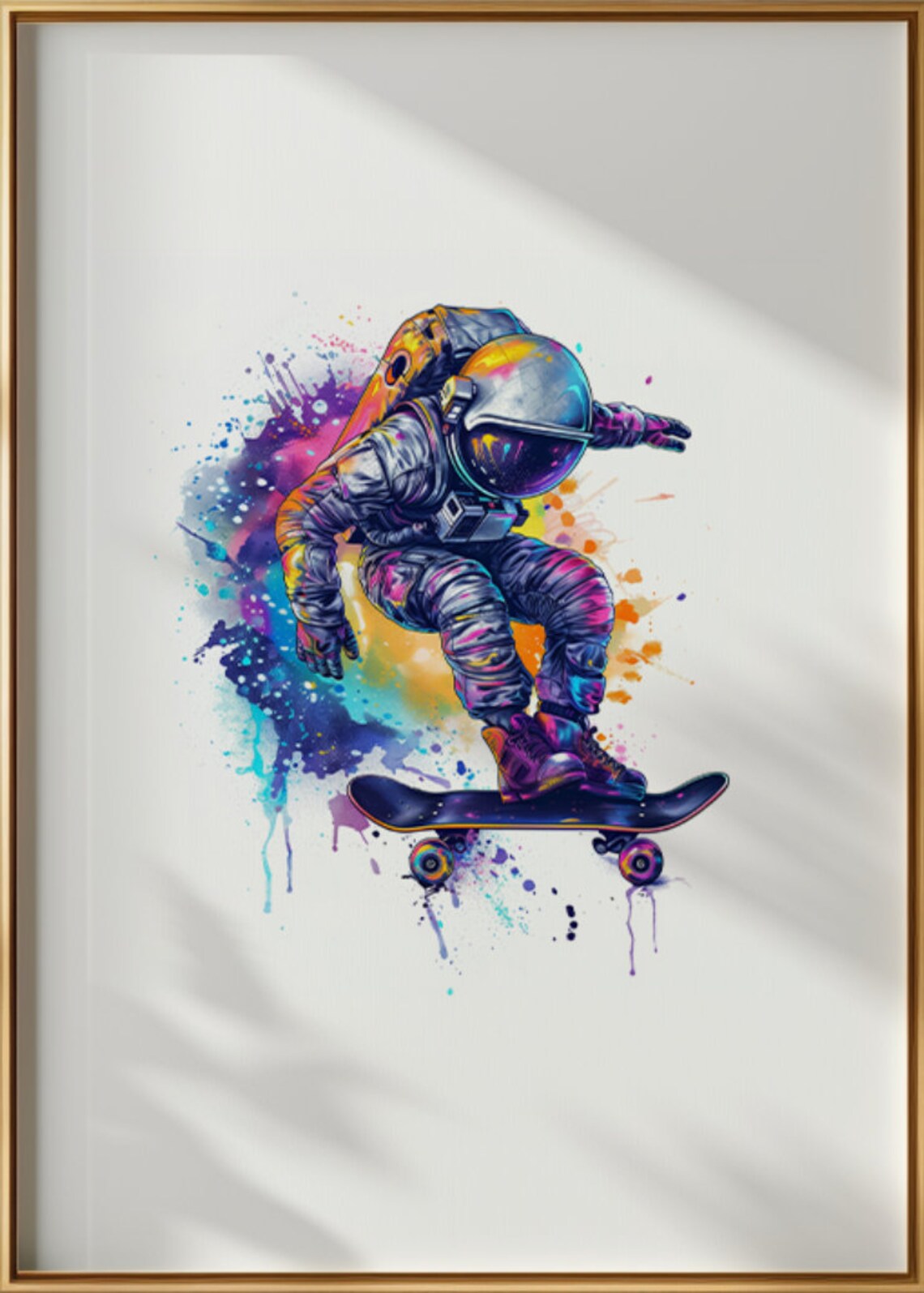Astronaut Skateboard Trick Colorful Space Watercolor Art Poster - Image 3