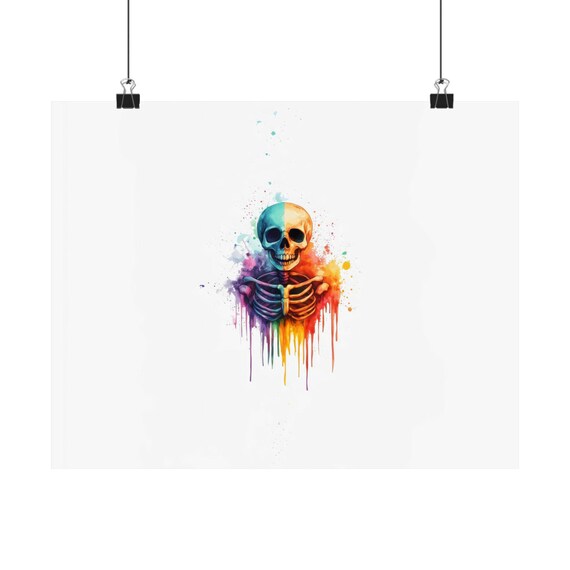 Two Tone Teal Gold Skeleton Bust Rainbow Drip Halloween Poster