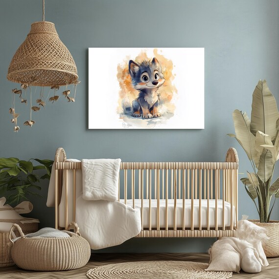 Baby Wolf Watercolor Cute Gray Pup Nursery Animal Art Poster