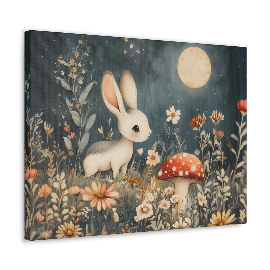 Cute Bunny in Moonlit Flower Meadow With Red Mushroom Poster - Image 2