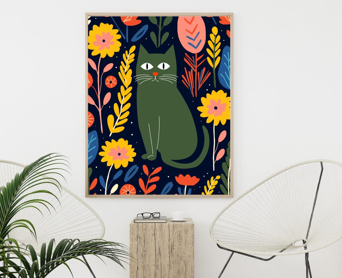 Green Cat Sitting Among Colorful Flowers On Dark Navy Art Print - Image 3