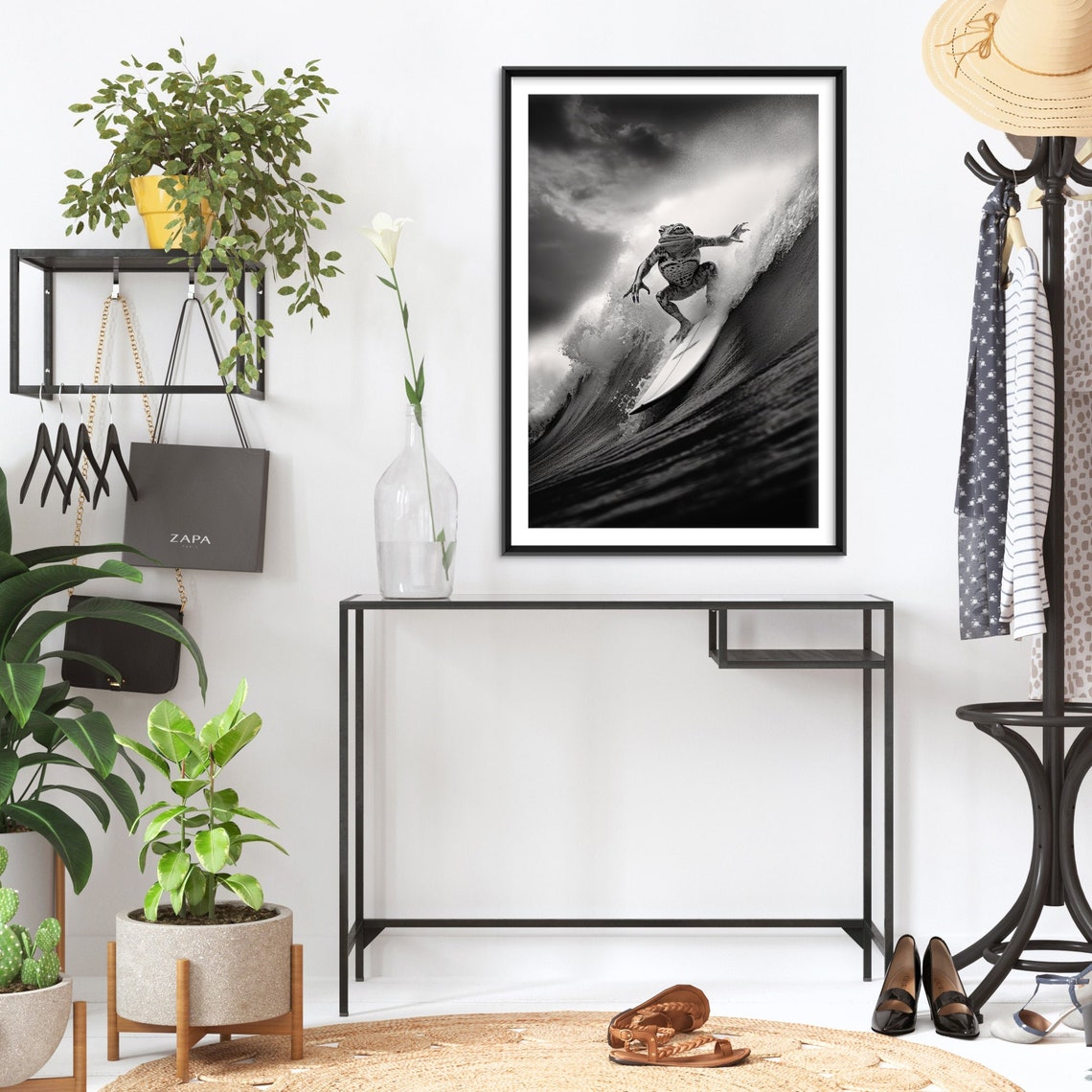 Surfing Frog Riding Ocean Wave Black White Photography Poster - Image 2