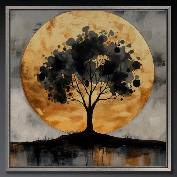 Abstract Tree Silhouette Wall Art Golden Moon Painting Print Modern Landscape Wall Decor Nature Inspired Poster Ready To Hang Gift