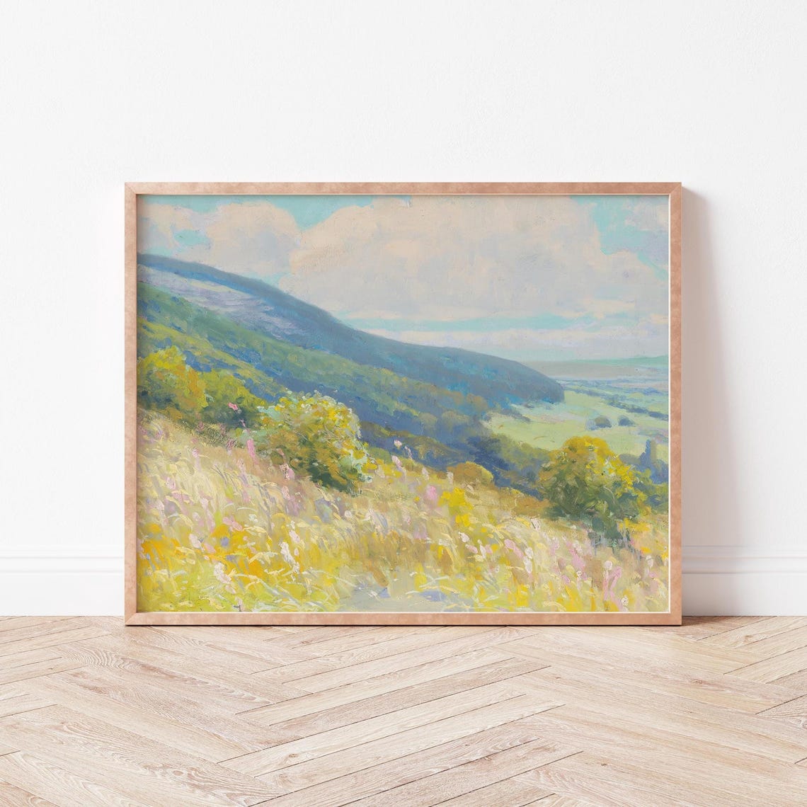 Sunny Rolling Hills Valley Landscape Impressionist Art Poster