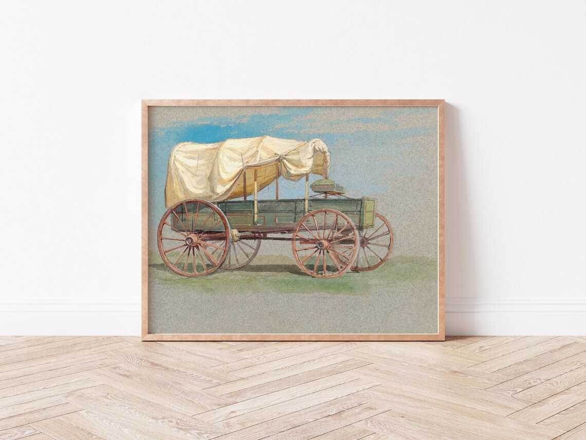 Antique Covered Wagon Western Watercolor Pioneer History Art Poster