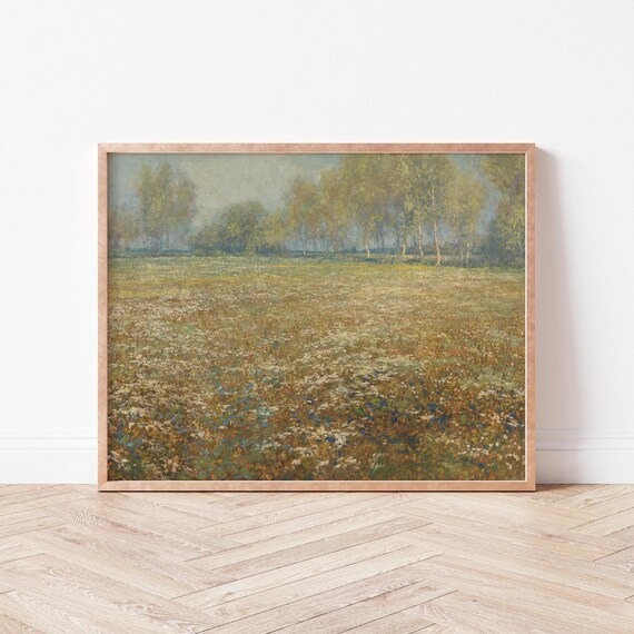 Autumn Wildflower Meadow Landscape Vintage Impressionist Art Print