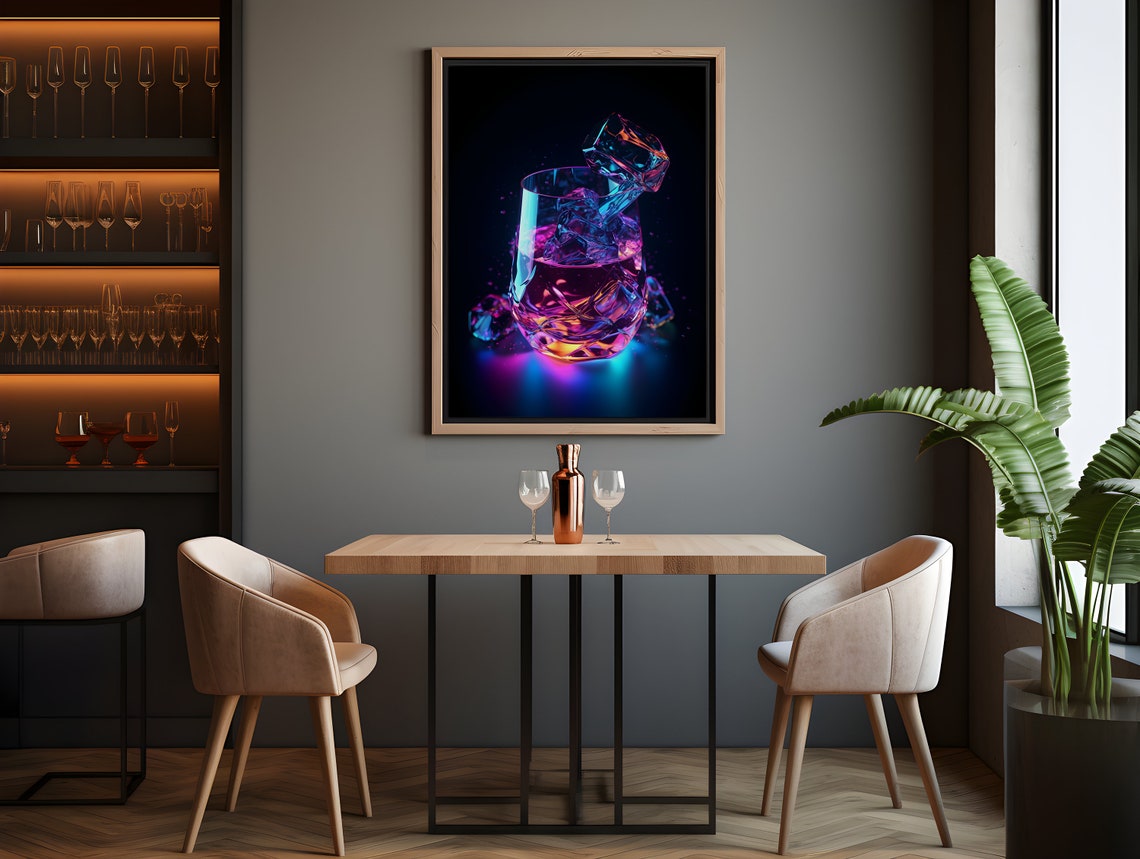 Neon Whiskey Glass With Ice Moody Bar Photography Art Poster