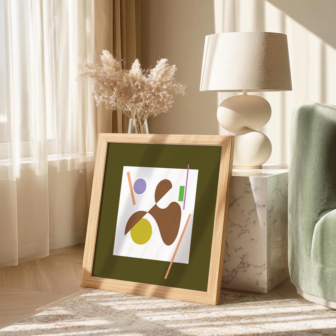 Abstract Shapes Lines Olive Green Mid Century Modern Wall Art