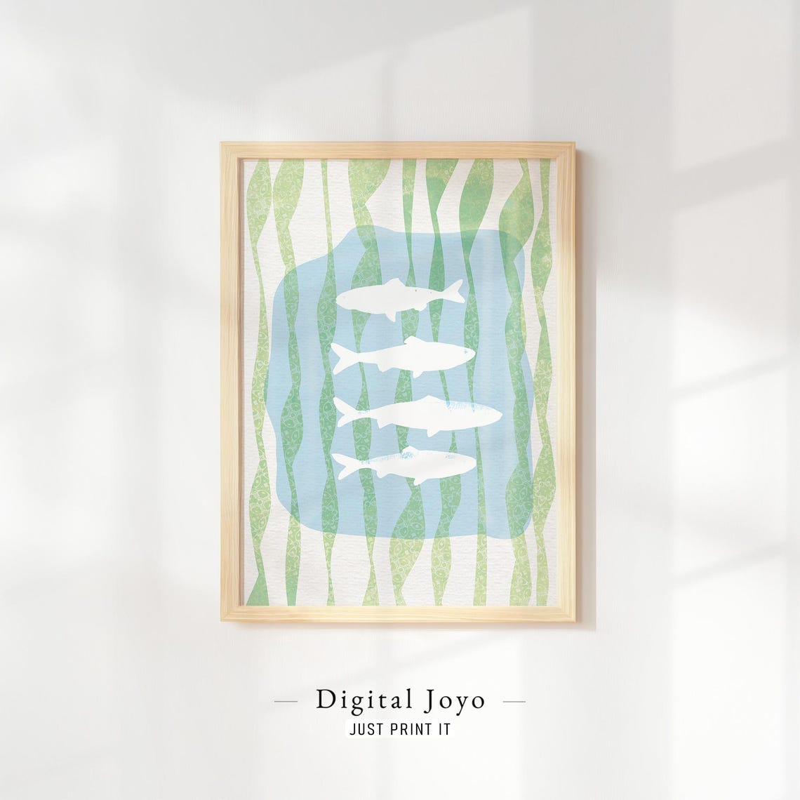 White Fish Silhouettes Watercolor Ocean Seaweed Coastal Wall Art