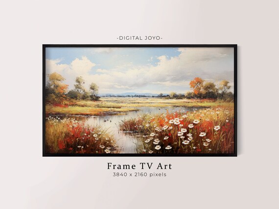 Autumn Marsh Landscape Oil Painting Wildflowers Pond Wall Art