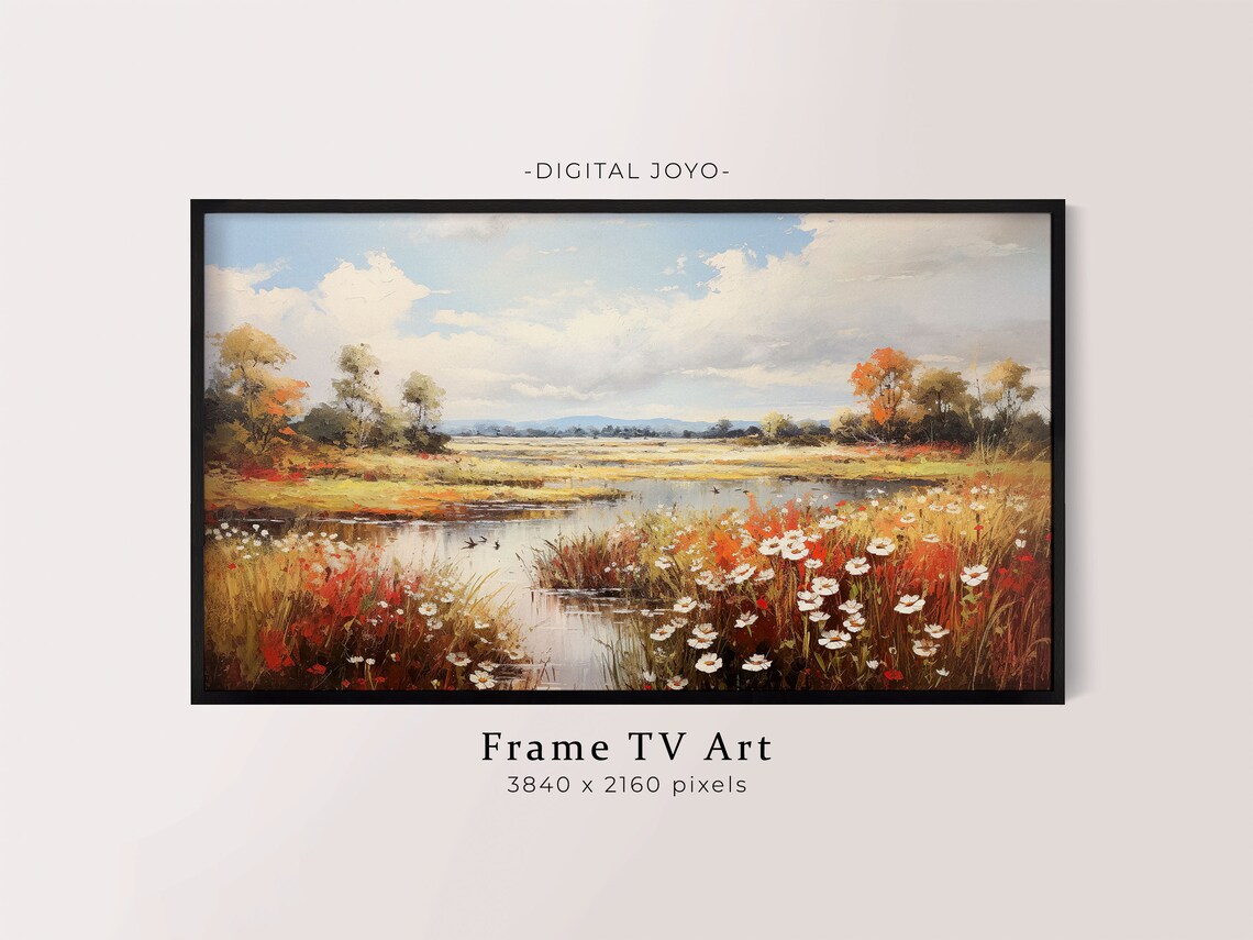 Autumn Marsh Landscape Oil Painting Wildflowers Pond Wall Art