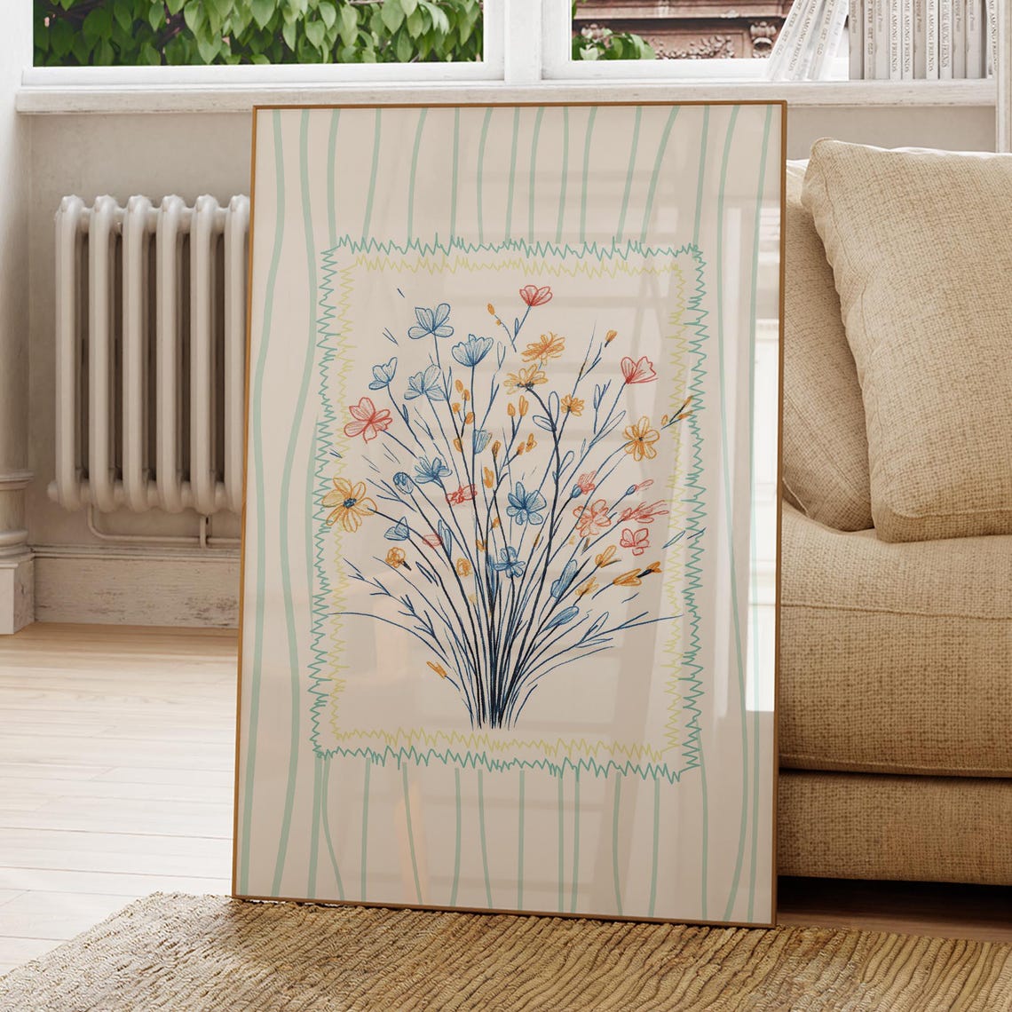 Blue Orange Doodle Flower Hand Drawn Botanical Nursery Art Print