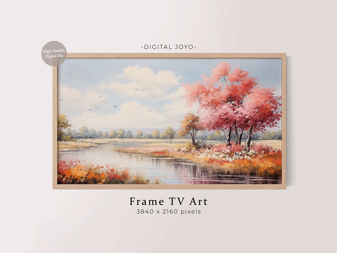 Autumn Lake Art Print, Pink Fall Trees