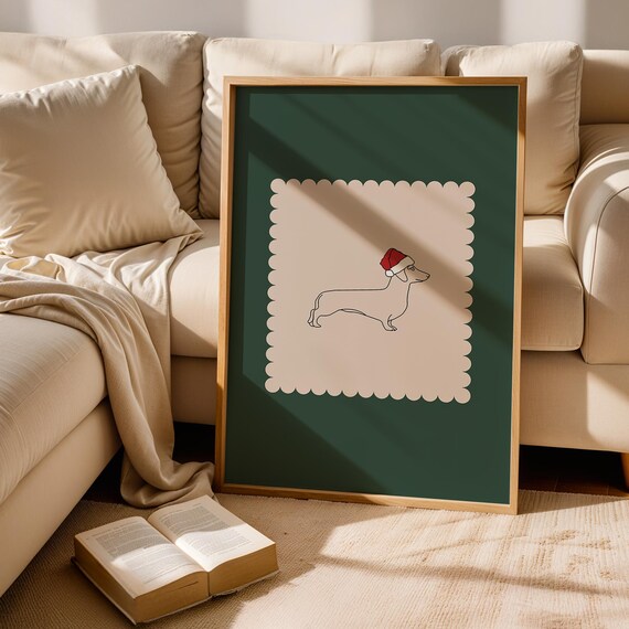 Dachshund in Santa Hat Line Drawing Christmas Dog Holiday Poster