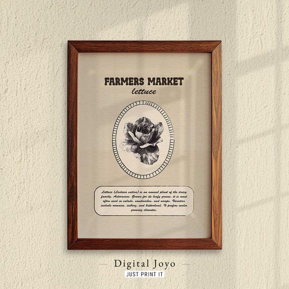Farmers Market Lettuce Wall Art Vintage Vegetable Banner Neutral Bathroom Decor Instant