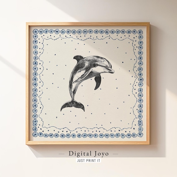 Dolphin Sketch With Navy Floral Frame Instant