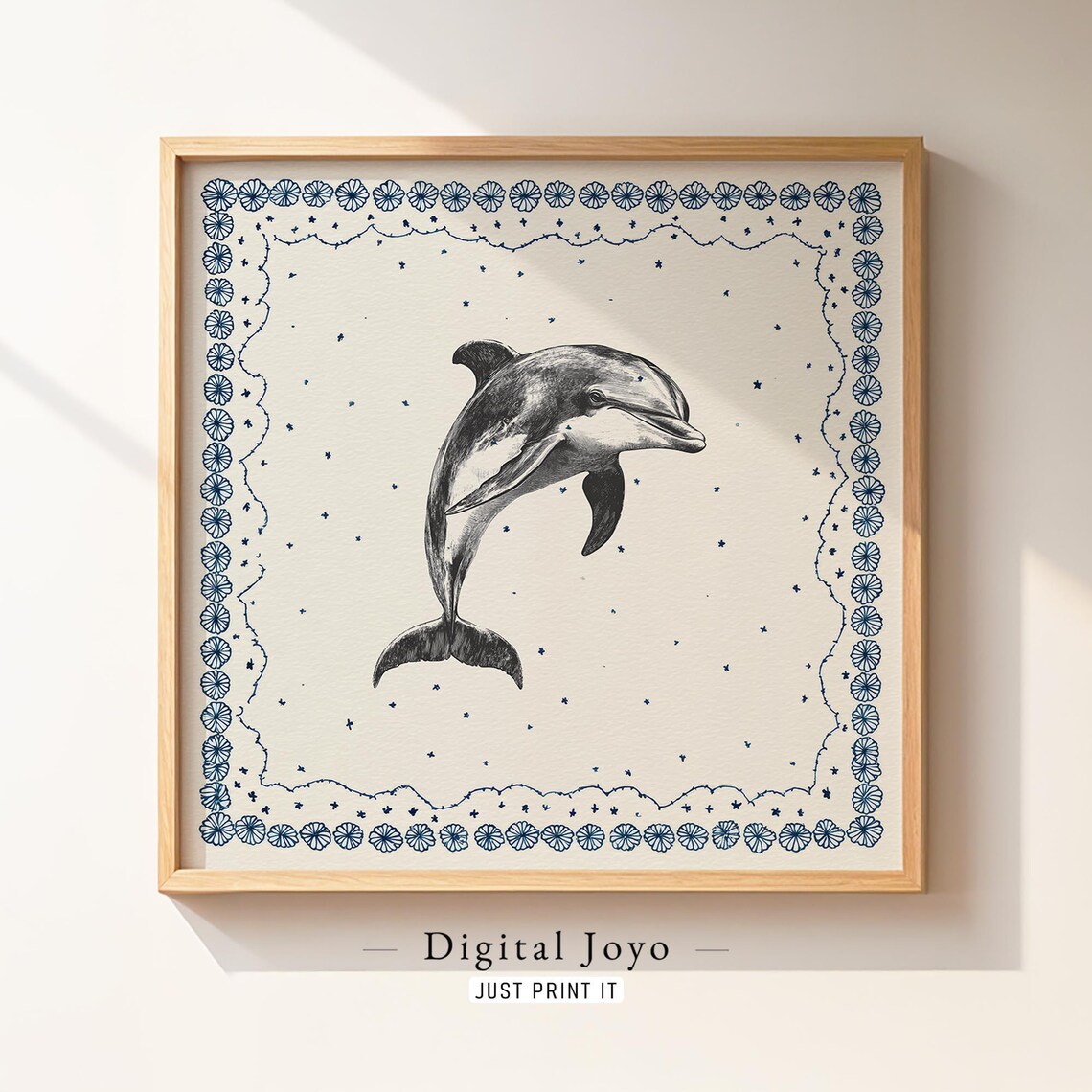 Dolphin Sketch With Navy Floral Frame Instant