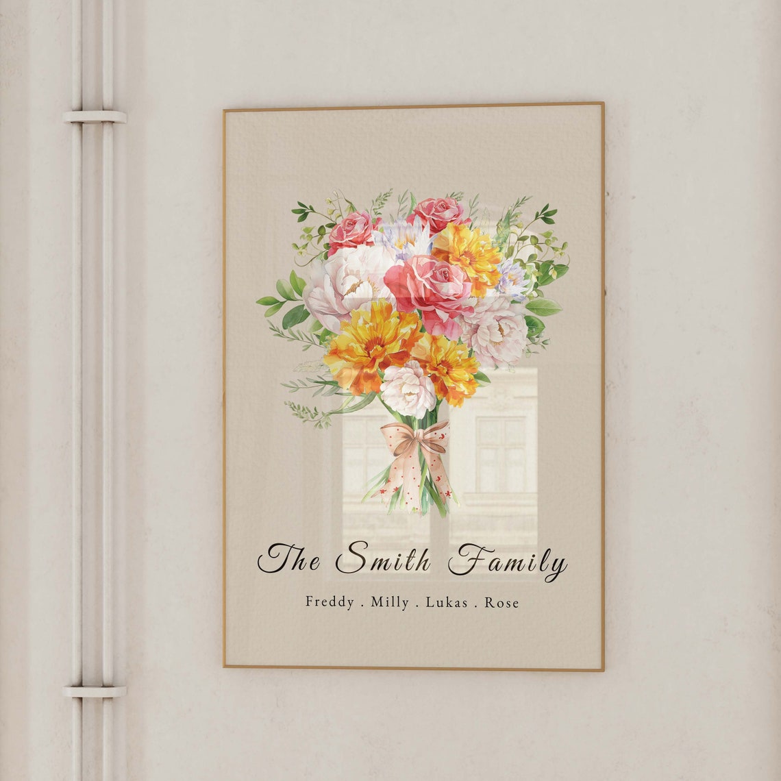 Personalized Family Bouquet Print Watercolor Flowers Custom Names Gift