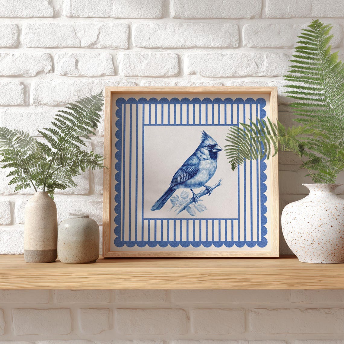 Red Cardinal Blue Toile Bird Art Vintage Square Wall Print Decor