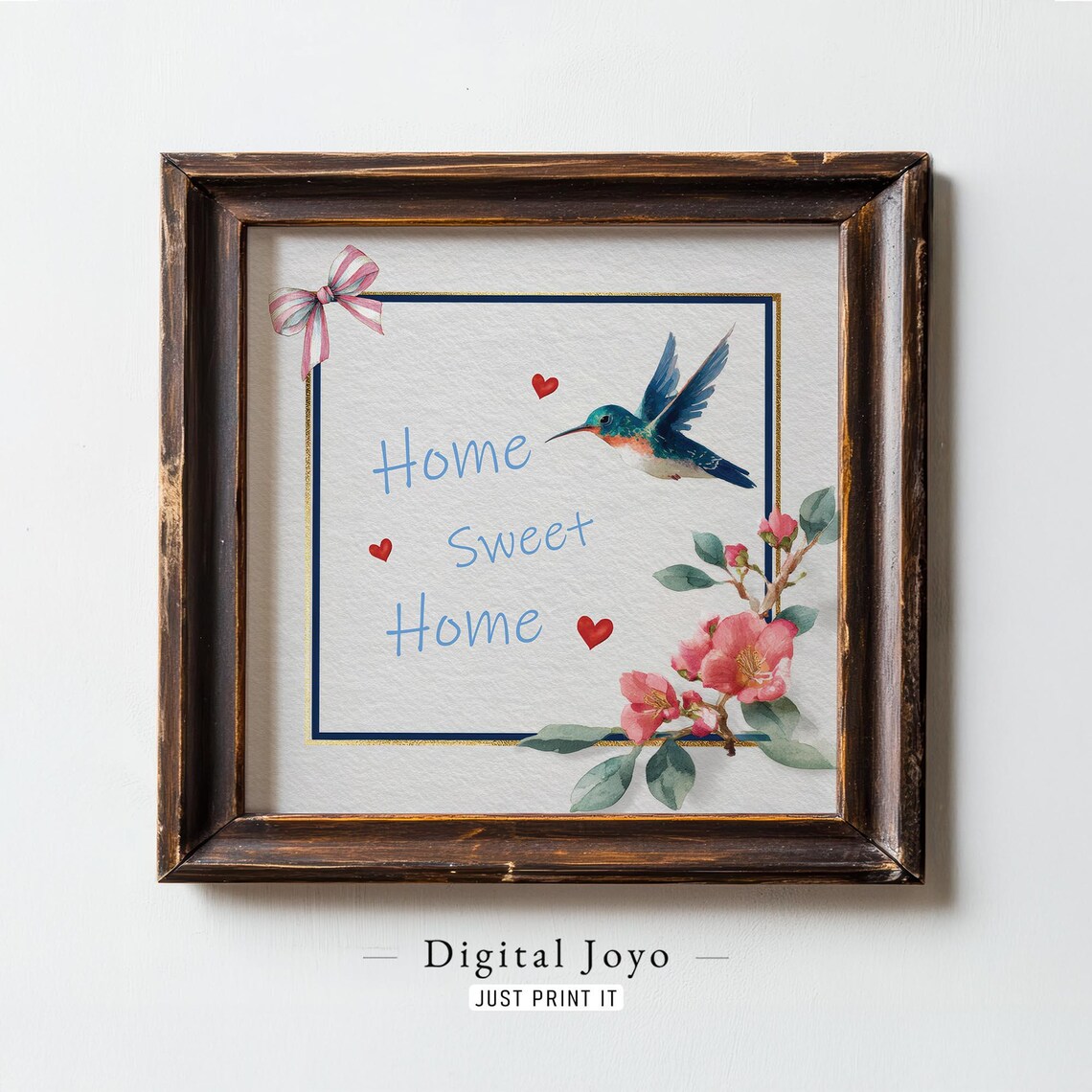 Hummingbird Home Sweet Home Watercolor Floral Quote Wall Print