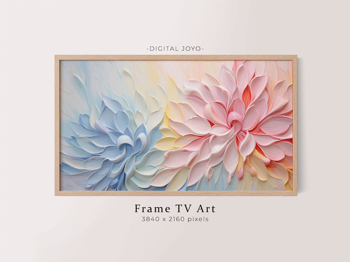 Floral Frame TV Art Pastel Impasto Dahlia Pink Blue Textured Poster
