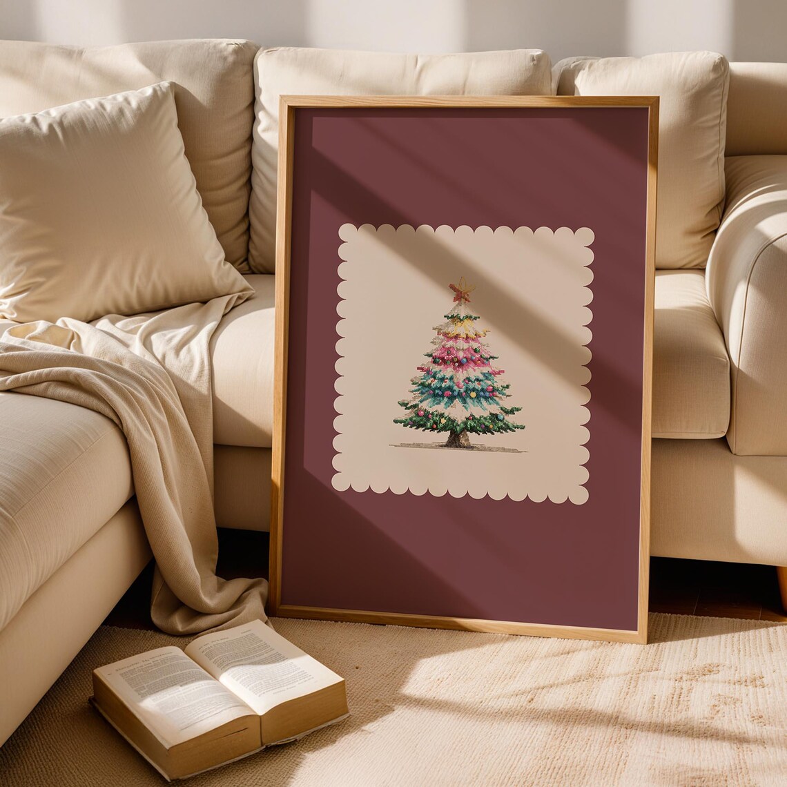 Burgundy Christmas Tree with Colorful Ornaments Holiday Poster