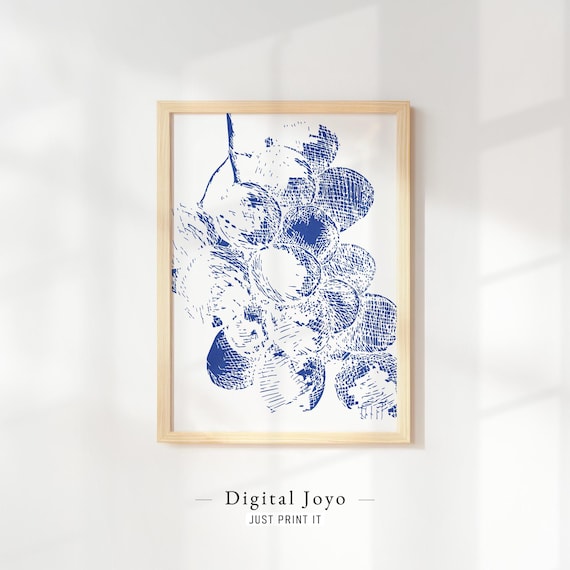 Blue Grapevine Engraving Vintage Botanical Line Art Kitchen Wall Print