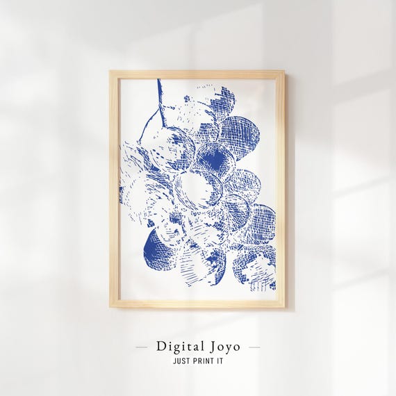 Classic Grape Cluster Blue Engraving Farmhouse Kitchen Vintage Botanical Art