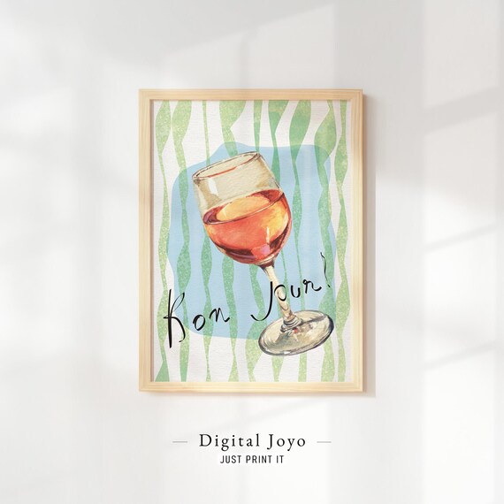 Bon Jour Rose Wine Glass Watercolor French Coastal Kitchen Poster