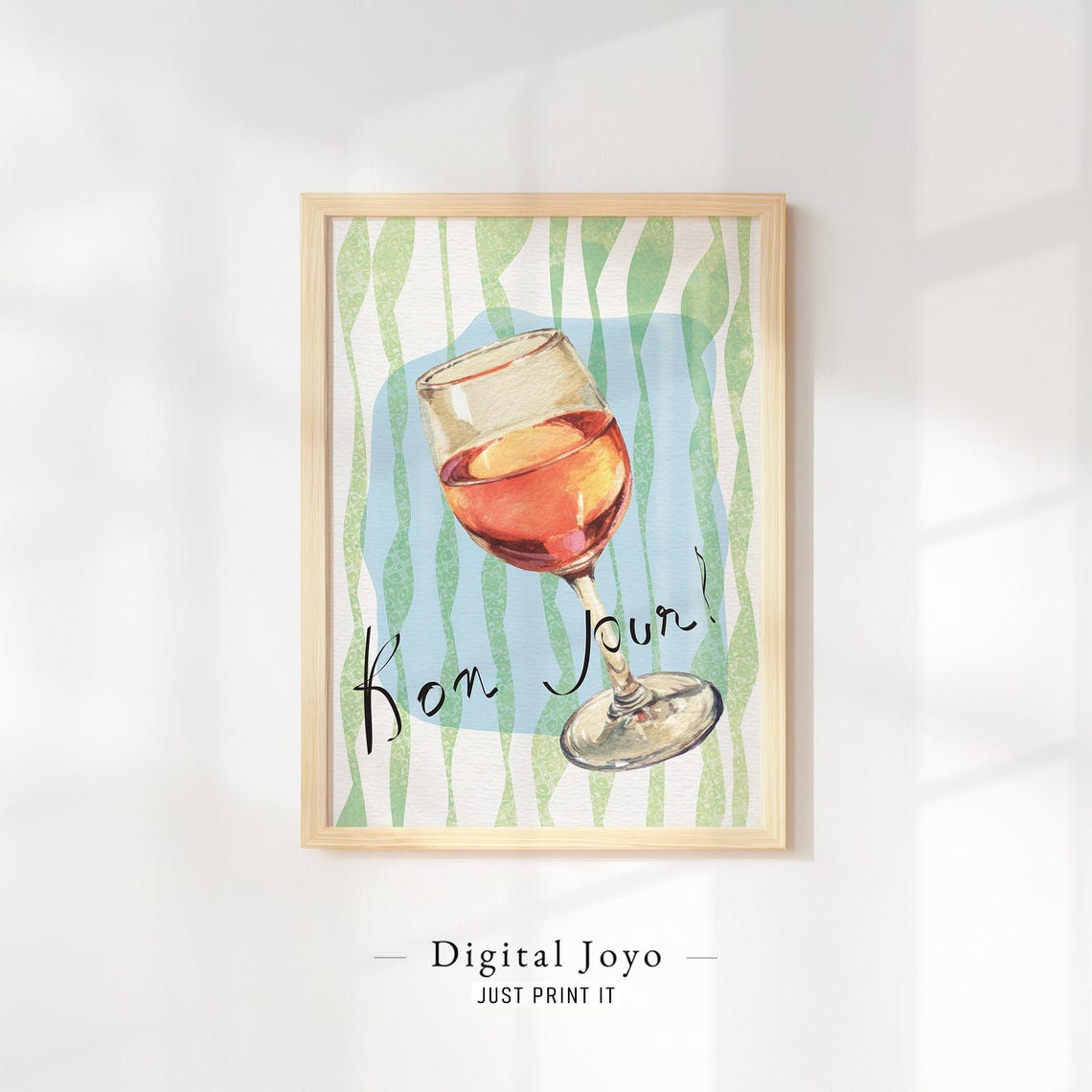 Bon Jour Rose Wine Glass Watercolor French Coastal Kitchen Poster