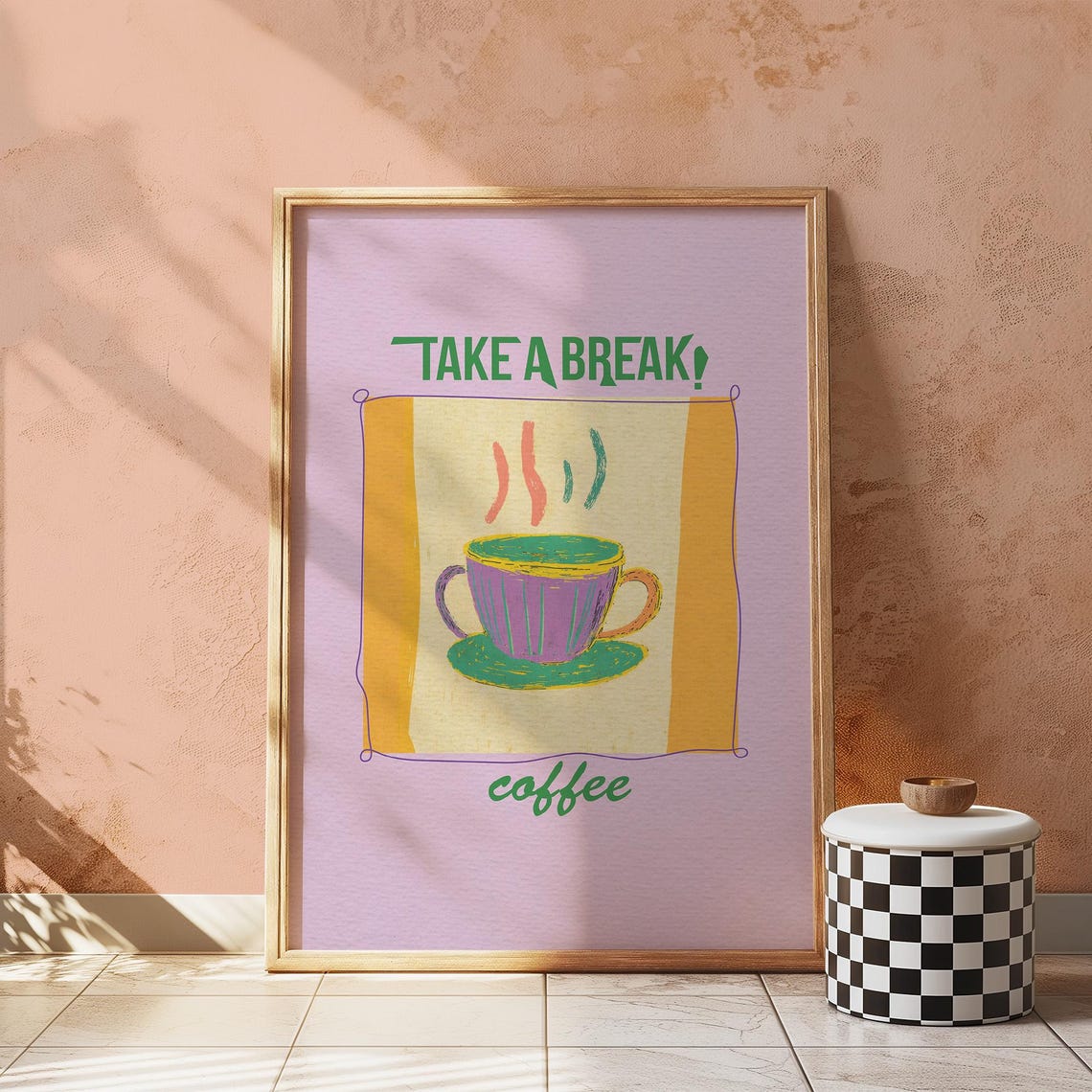 Coffee Cup Art Print Vibrant Illustration On Purple