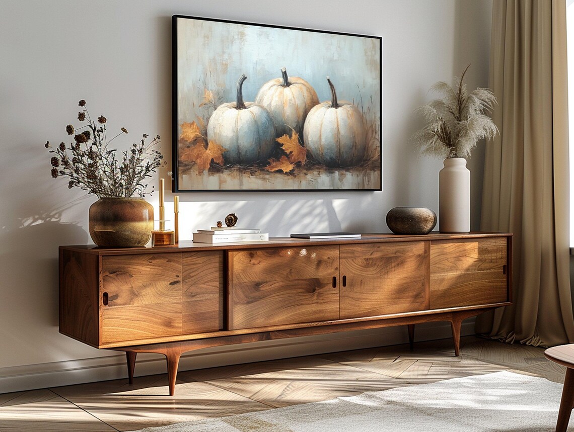 Fall Harvest White Pumpkins Autumn Leaves Thanksgiving Still Life Poster - Image 3