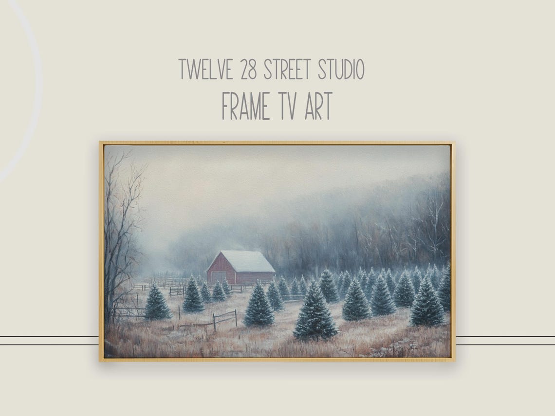 Christmas Tree Farm Red Barn Snowy Mist Winter Holiday Art Print