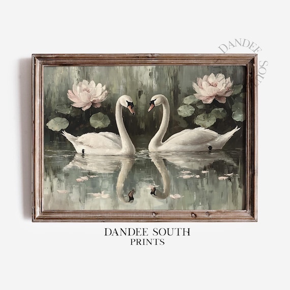 Two White Swans on Pink Lotus Flowers Pond Oil Painting Poster