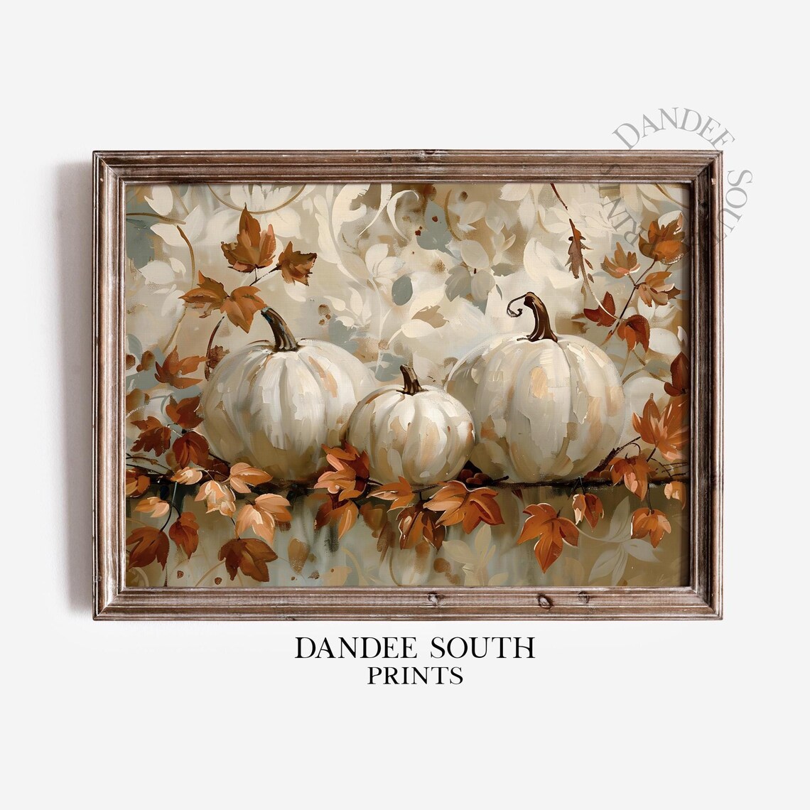 White Pumpkins Autumn Leaves Fall Harvest Oil Painting Poster Art