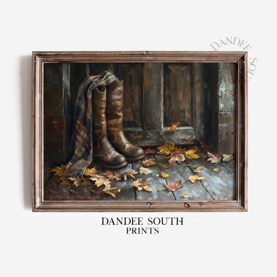 Rustic Fall Boots Wall Art Vintage Autumn Porch With Leaves Farmhouse Thanksgiving Decor 628